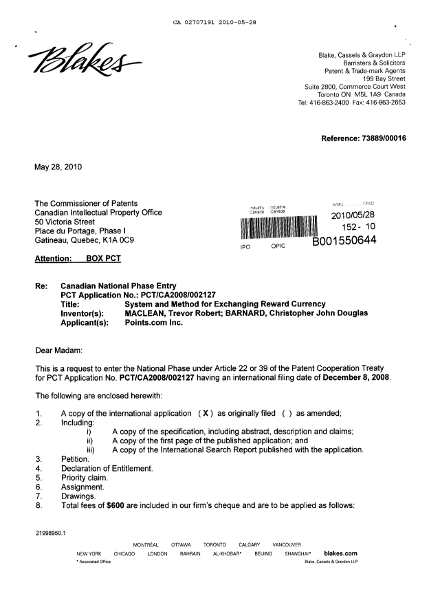 Document de brevet canadien 2707191. Cession 20100528. Image 1 de 6