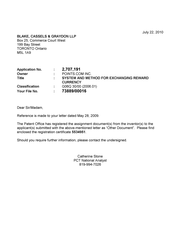 Document de brevet canadien 2707191. Correspondance 20100722. Image 1 de 1