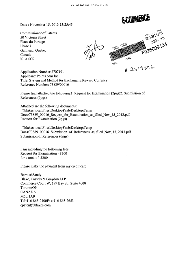 Document de brevet canadien 2707191. Poursuite-Amendment 20121215. Image 1 de 6