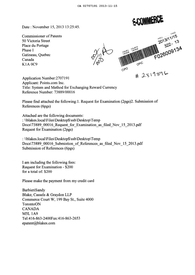 Document de brevet canadien 2707191. Correspondance 20131115. Image 1 de 2