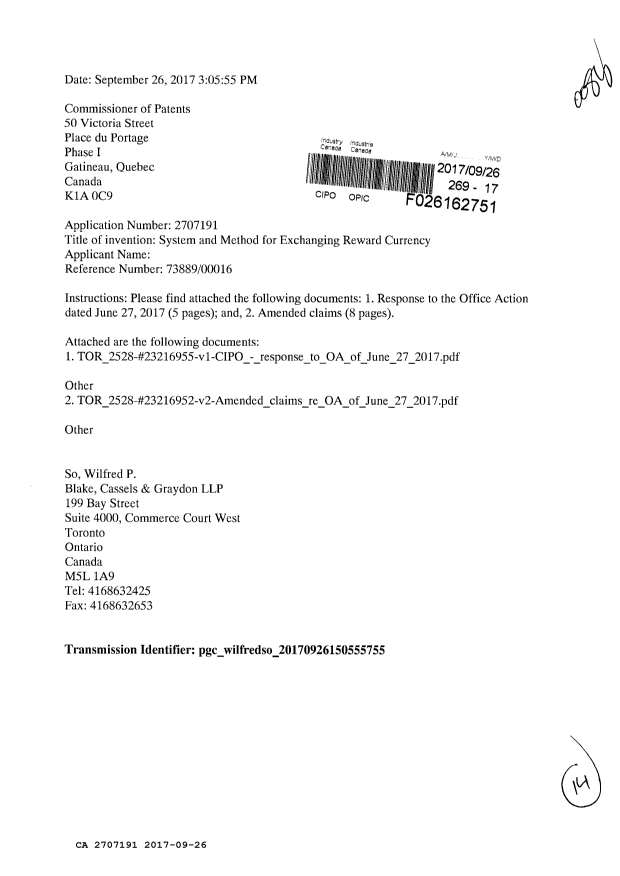 Document de brevet canadien 2707191. Modification 20170926. Image 1 de 14