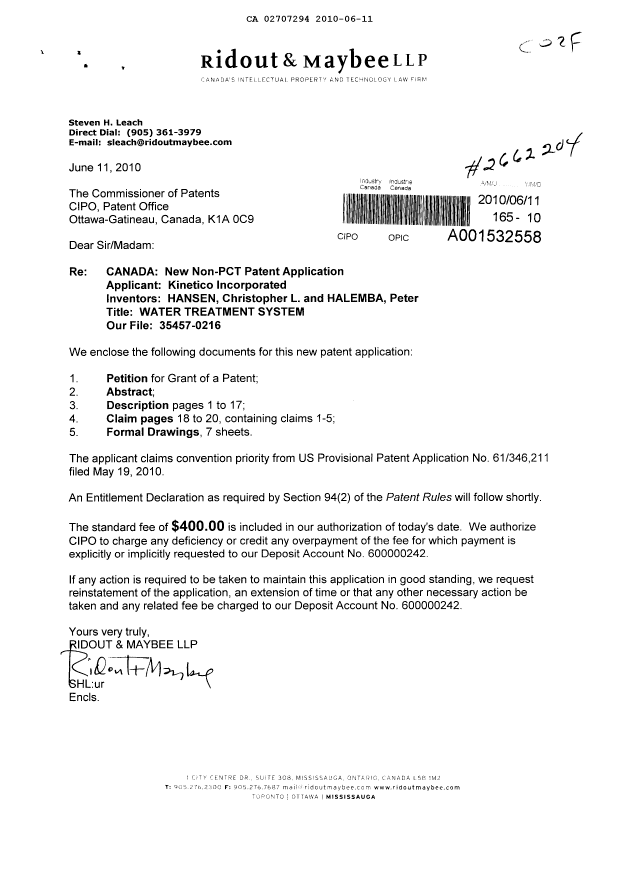 Canadian Patent Document 2707294. Assignment 20100611. Image 1 of 2