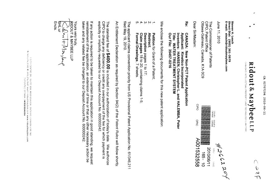 Canadian Patent Document 2707294. Assignment 20100611. Image 1 of 2