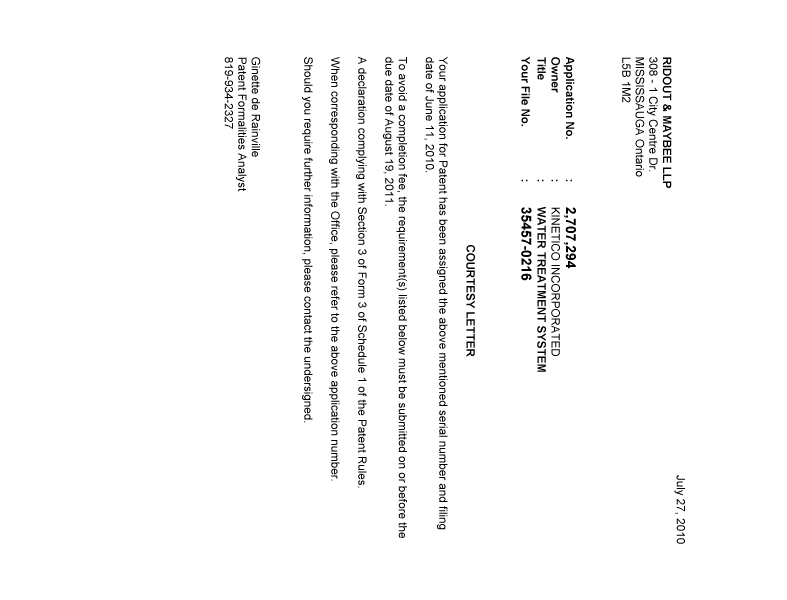 Canadian Patent Document 2707294. Correspondence 20100721. Image 1 of 1