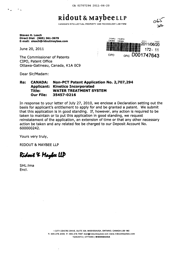Document de brevet canadien 2707294. Correspondance 20110620. Image 1 de 2