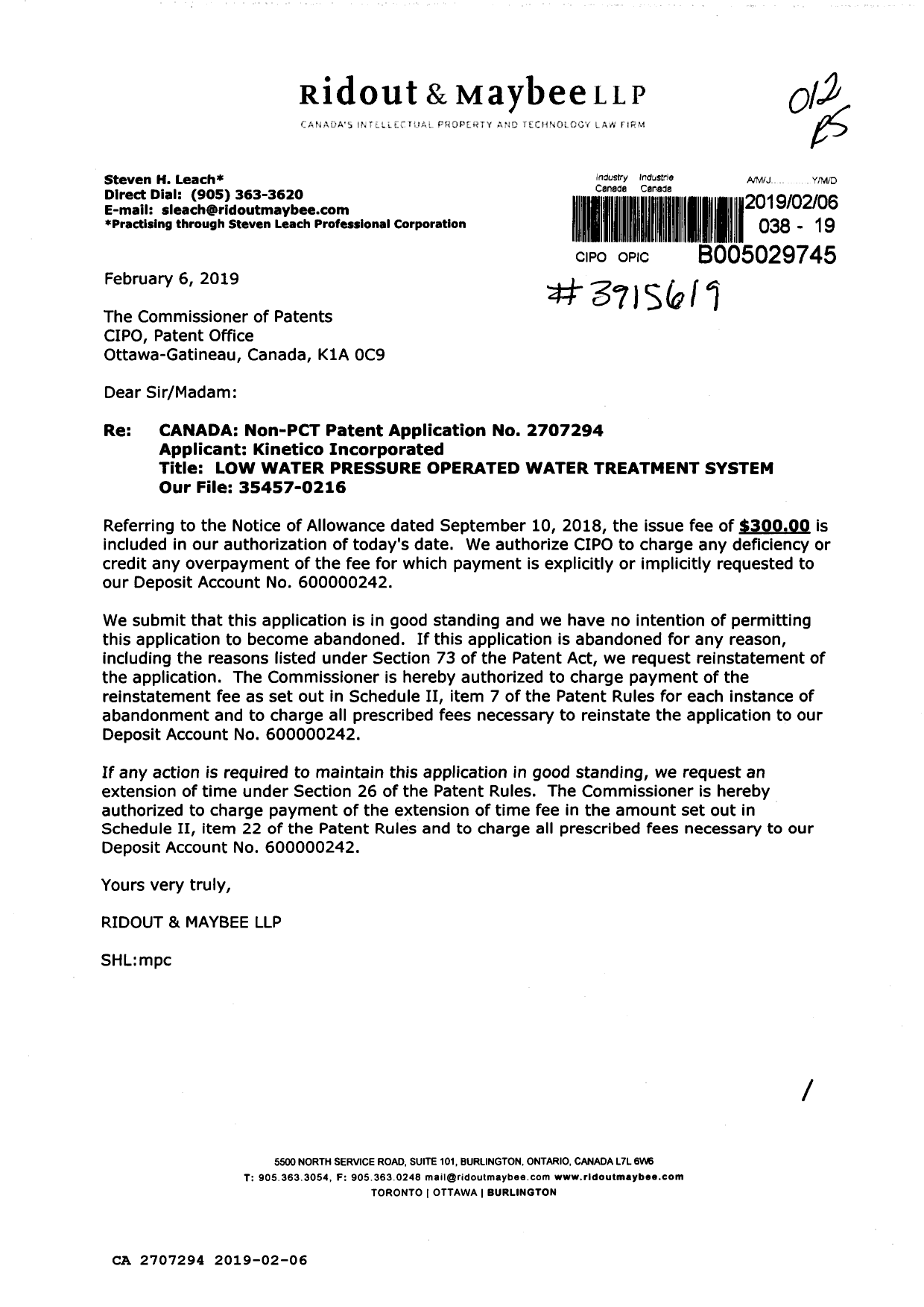 Canadian Patent Document 2707294. Final Fee 20190206. Image 1 of 1