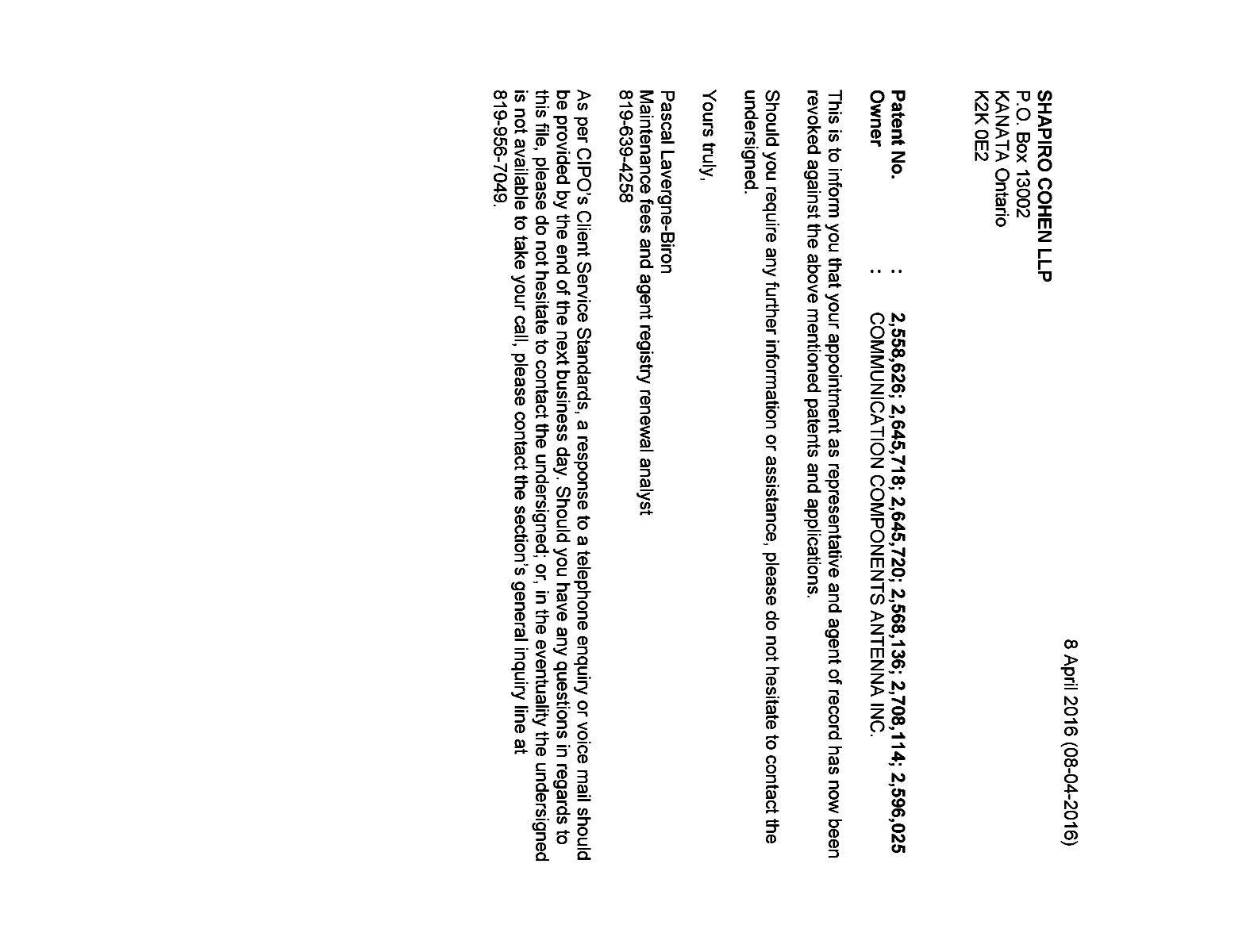 Document de brevet canadien 2708114. Correspondance 20151208. Image 1 de 1