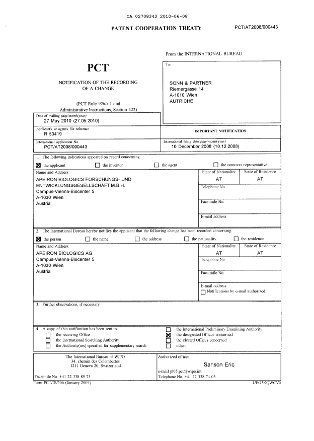 Document de brevet canadien 2708343. PCT 20100608. Image 1 de 11