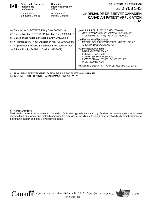 Document de brevet canadien 2708343. Page couverture 20120817. Image 1 de 1