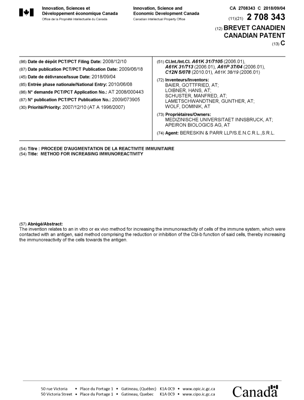 Document de brevet canadien 2708343. Page couverture 20180803. Image 1 de 1