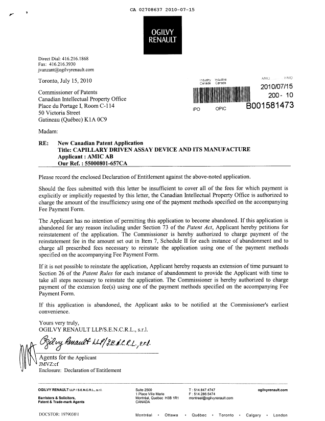 Document de brevet canadien 2708637. Correspondance 20100715. Image 1 de 2
