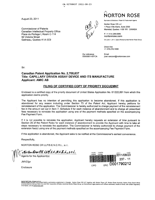 Document de brevet canadien 2708637. Correspondance de la poursuite 20110823. Image 1 de 1