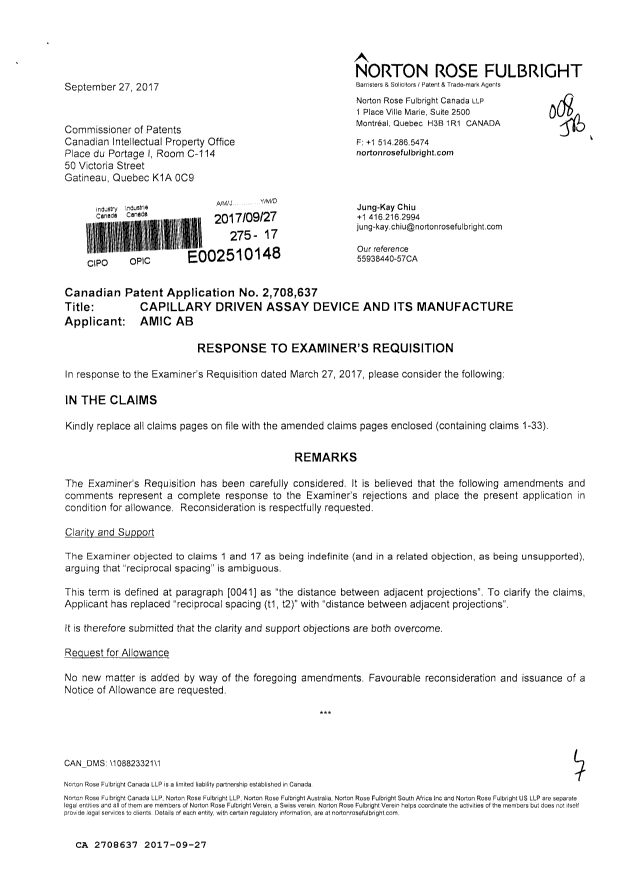 Document de brevet canadien 2708637. Modification 20170927. Image 1 de 7