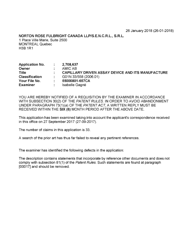 Document de brevet canadien 2708637. Demande d'examen 20180126. Image 1 de 3