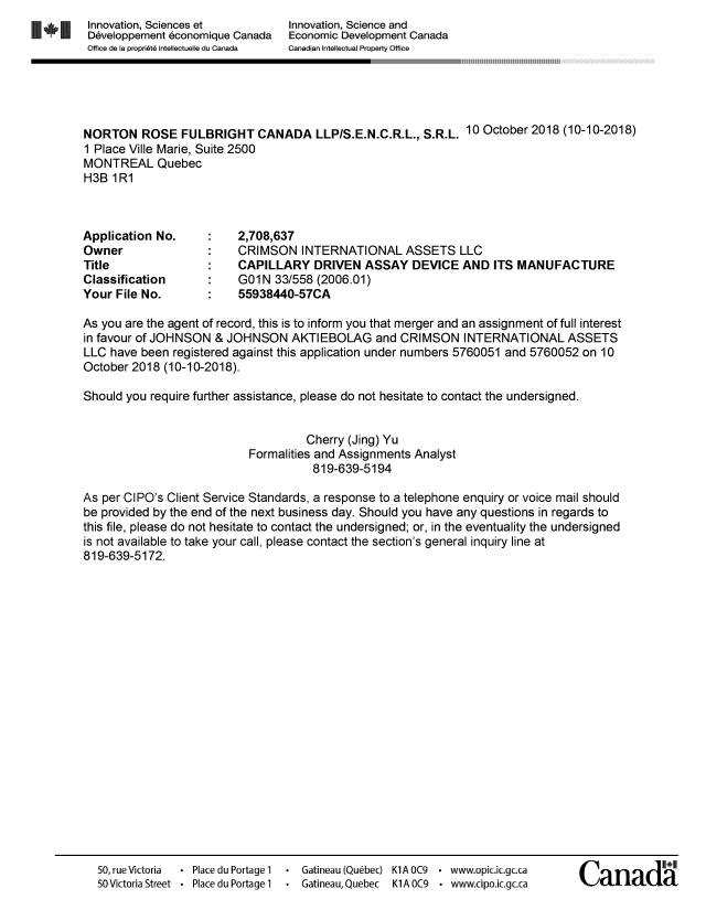 Document de brevet canadien 2708637. Lettre d'avis à l'agent 20181010. Image 1 de 1