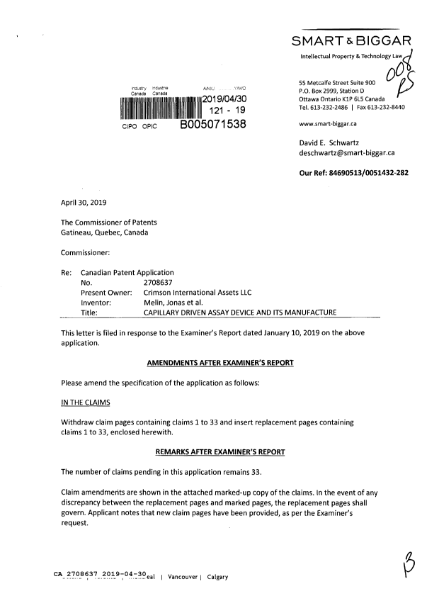Document de brevet canadien 2708637. Modification 20190430. Image 1 de 13