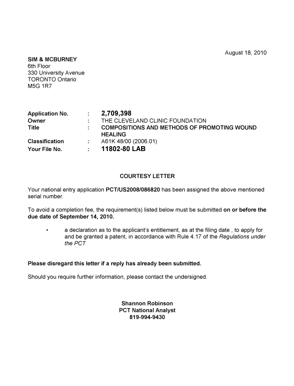 Document de brevet canadien 2709398. Correspondance 20100818. Image 1 de 1