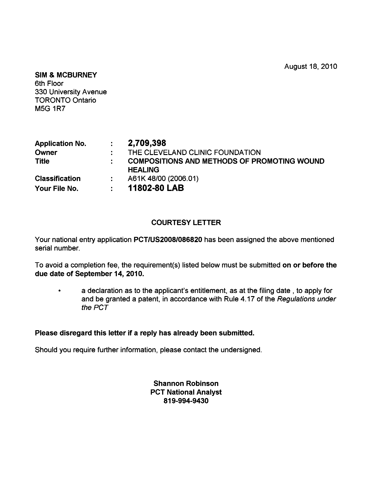 Document de brevet canadien 2709398. Correspondance 20100818. Image 1 de 1