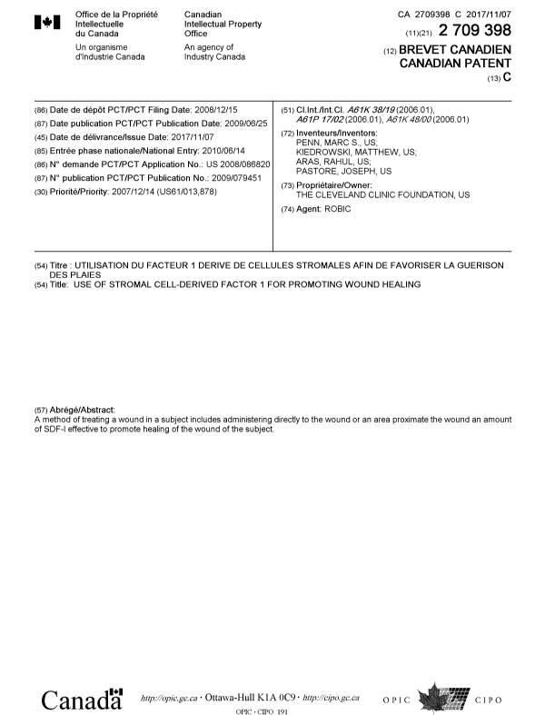 Document de brevet canadien 2709398. Page couverture 20171006. Image 1 de 1