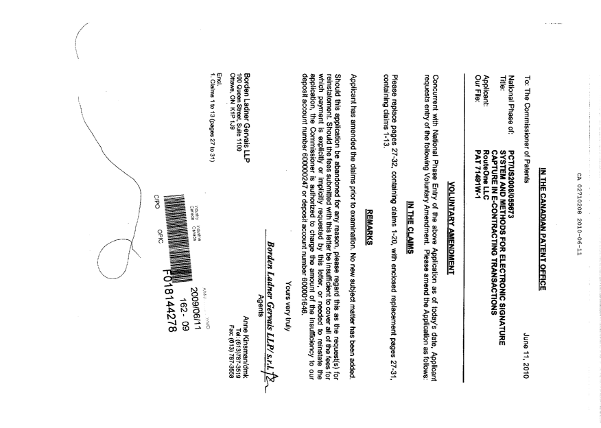 Canadian Patent Document 2710208. Prosecution-Amendment 20100611. Image 1 of 6