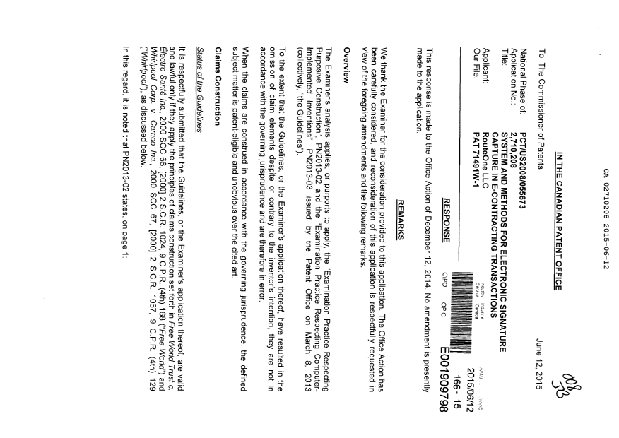 Canadian Patent Document 2710208. Prosecution-Amendment 20141212. Image 1 of 9