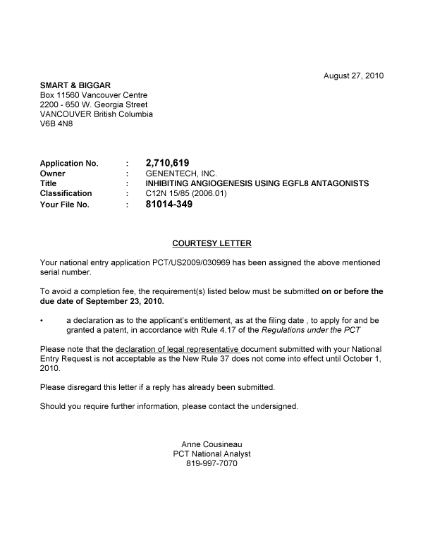 Document de brevet canadien 2710619. Correspondance 20091227. Image 1 de 1