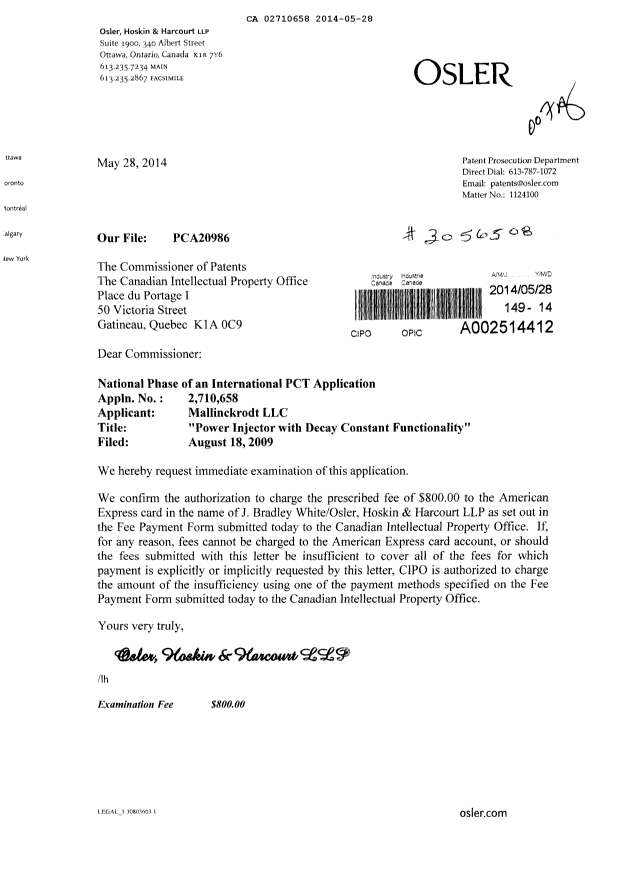Document de brevet canadien 2710658. Poursuite-Amendment 20131228. Image 1 de 1