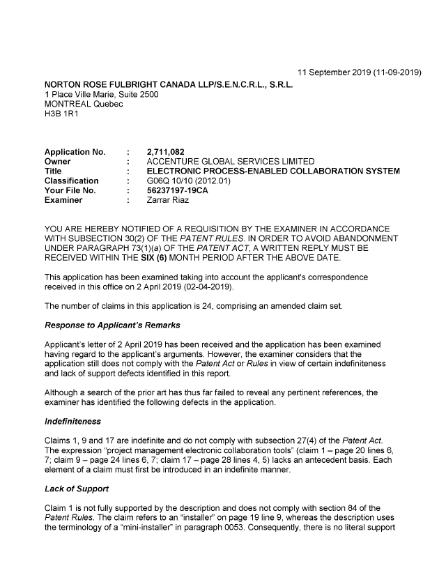 Document de brevet canadien 2711082. Demande d'examen 20190911. Image 1 de 3