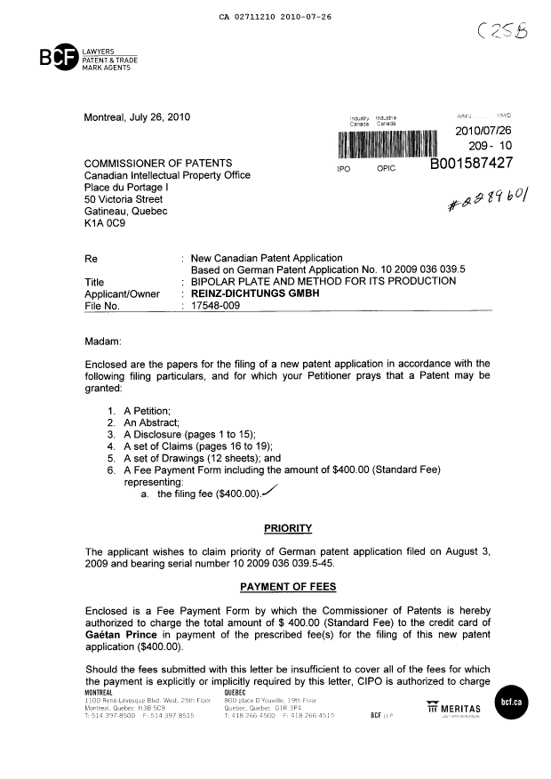 Document de brevet canadien 2711210. Cession 20100726. Image 1 de 4