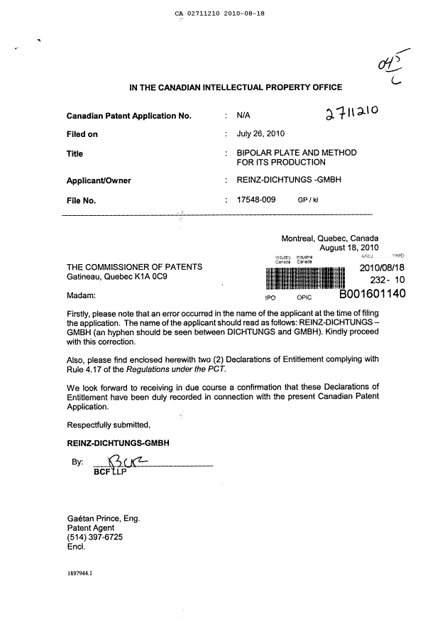 Document de brevet canadien 2711210. Correspondance 20100818. Image 1 de 3