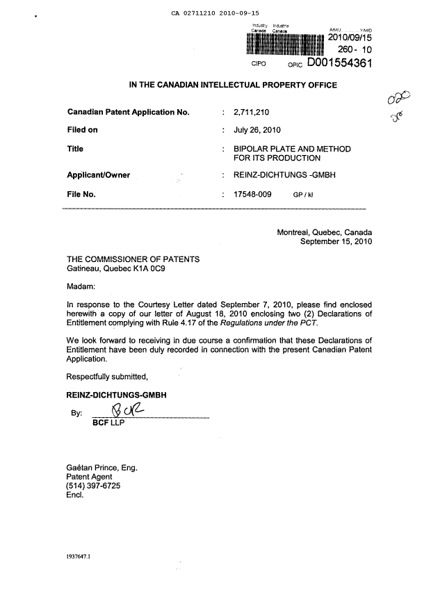 Document de brevet canadien 2711210. Correspondance 20100915. Image 1 de 4