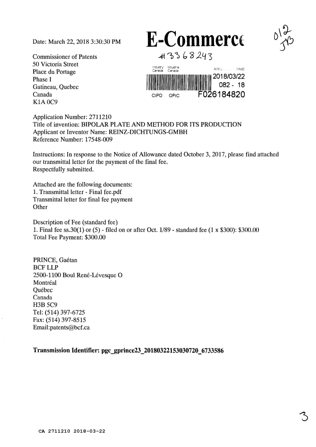 Document de brevet canadien 2711210. Taxe finale 20180322. Image 1 de 3