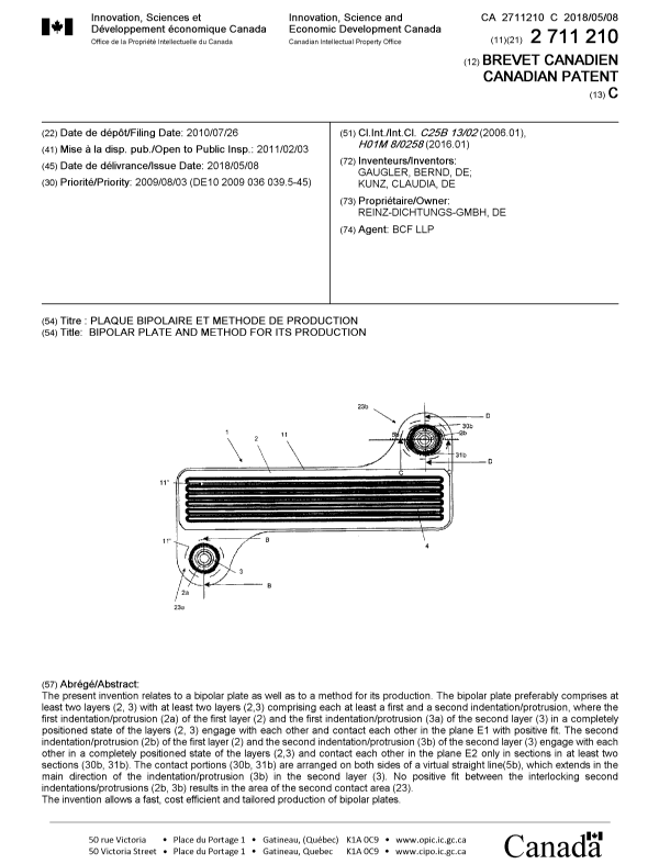 Document de brevet canadien 2711210. Page couverture 20180411. Image 1 de 1