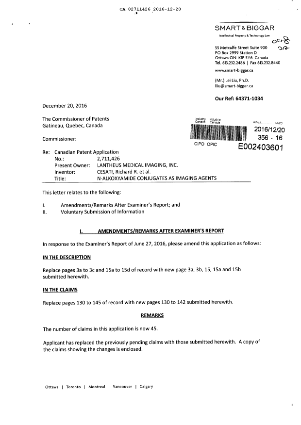 Document de brevet canadien 2711426. Poursuite-Amendment 20151220. Image 1 de 38