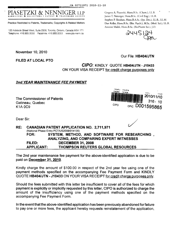 Document de brevet canadien 2711971. Taxes 20101110. Image 1 de 2