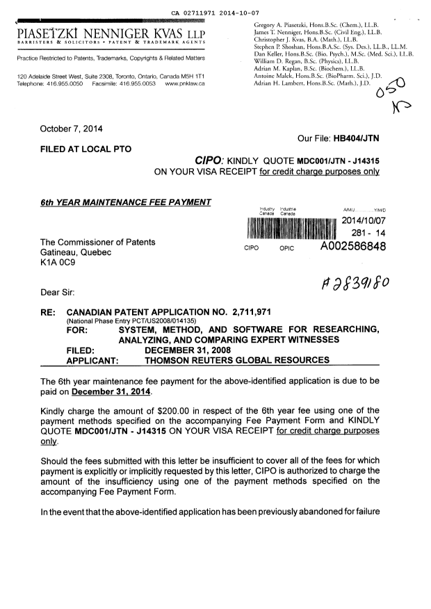 Document de brevet canadien 2711971. Taxes 20141007. Image 1 de 2