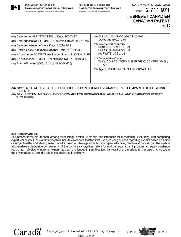 Document de brevet canadien 2711971. Page couverture 20220120. Image 1 de 1