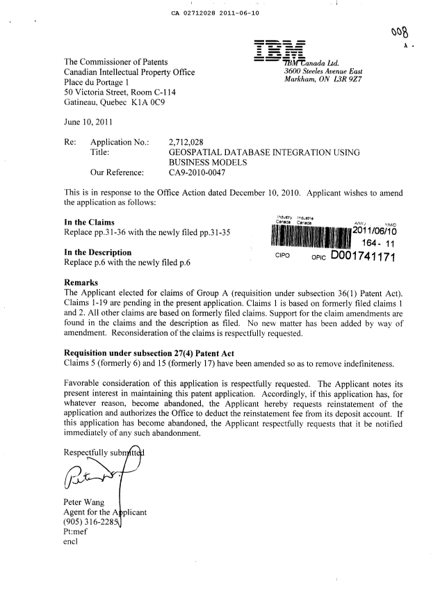 Canadian Patent Document 2712028. Prosecution-Amendment 20101210. Image 1 of 7