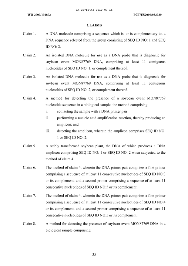 Document de brevet canadien 2712445. Revendications 20091216. Image 1 de 5