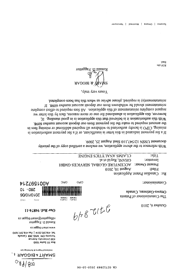 Document de brevet canadien 2712849. Poursuite-Amendment 20091206. Image 1 de 2