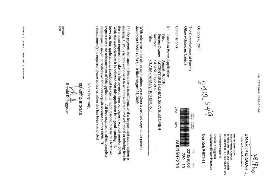 Canadian Patent Document 2712849. Prosecution-Amendment 20091206. Image 1 of 2
