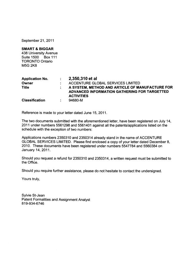 Document de brevet canadien 2712849. Correspondance 20101221. Image 1 de 9