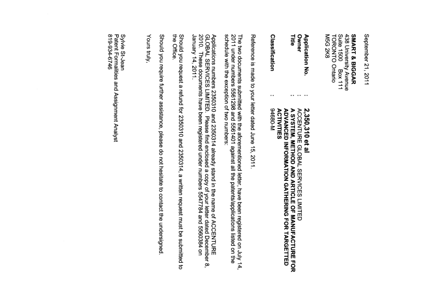 Document de brevet canadien 2712849. Correspondance 20101221. Image 1 de 9