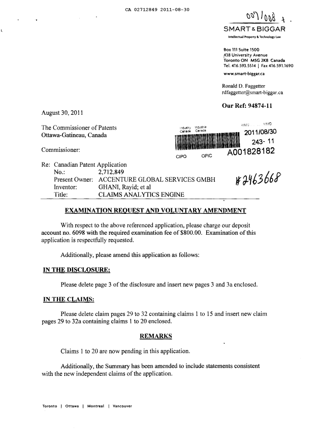 Document de brevet canadien 2712849. Poursuite-Amendment 20101230. Image 1 de 9