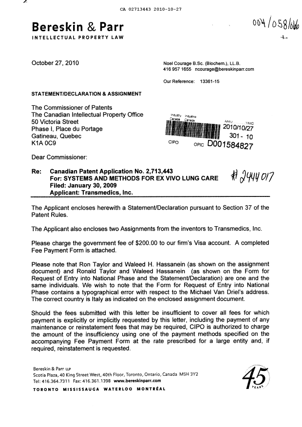 Document de brevet canadien 2713443. Correspondance 20091227. Image 1 de 4