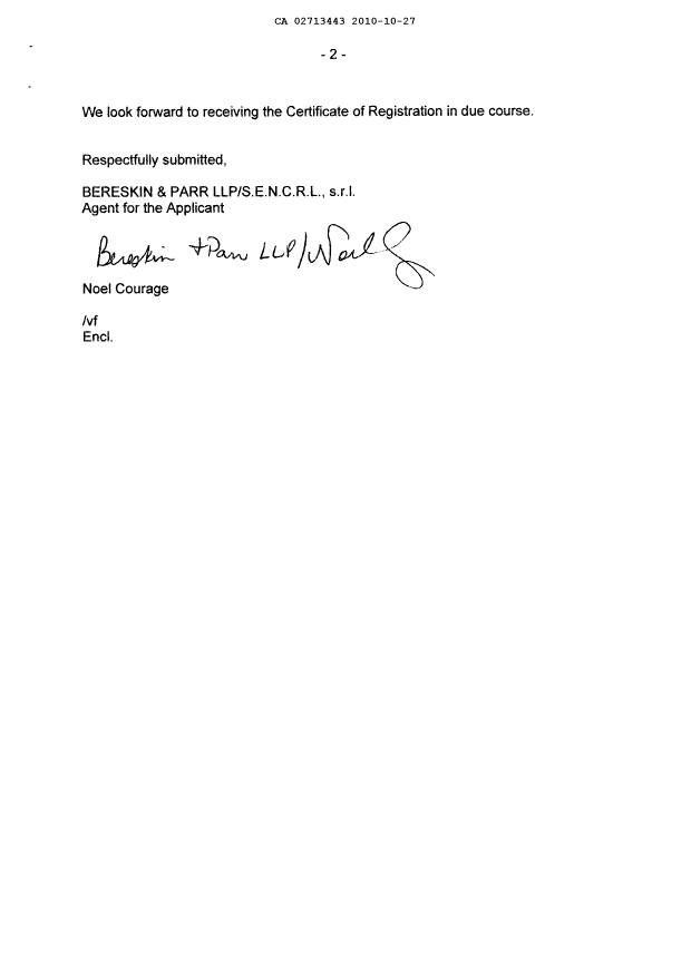 Document de brevet canadien 2713443. Correspondance 20091227. Image 2 de 4