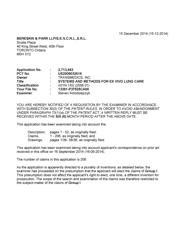 Document de brevet canadien 2713443. Poursuite-Amendment 20131215. Image 1 de 4