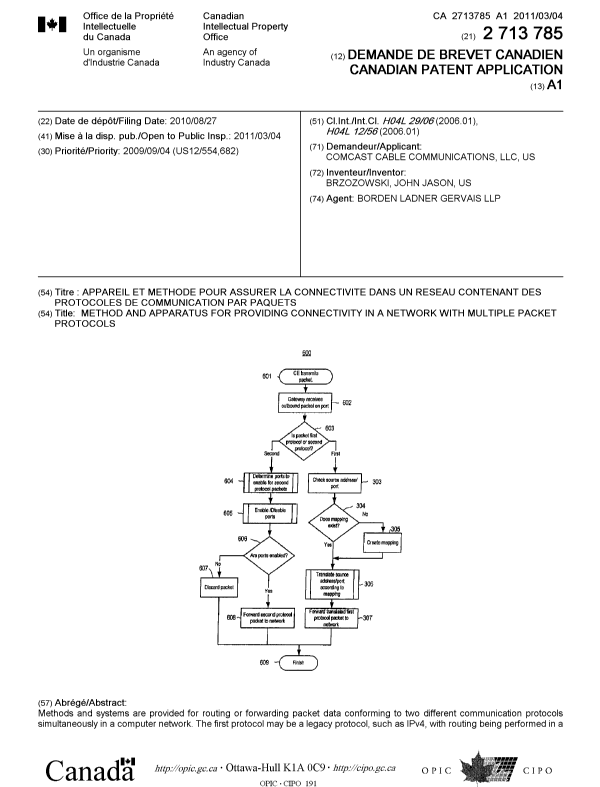 Document de brevet canadien 2713785. Page couverture 20101210. Image 1 de 2