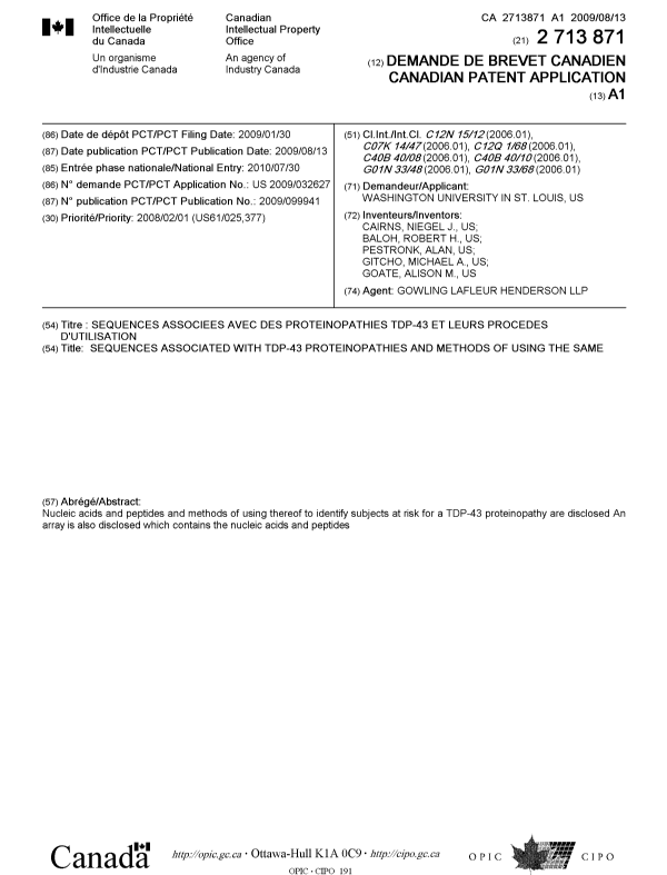 Document de brevet canadien 2713871. Page couverture 20091202. Image 1 de 1