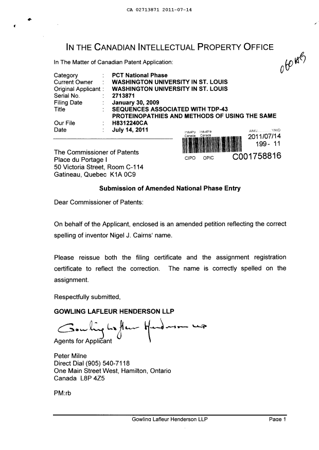 Document de brevet canadien 2713871. Correspondance 20110714. Image 1 de 3